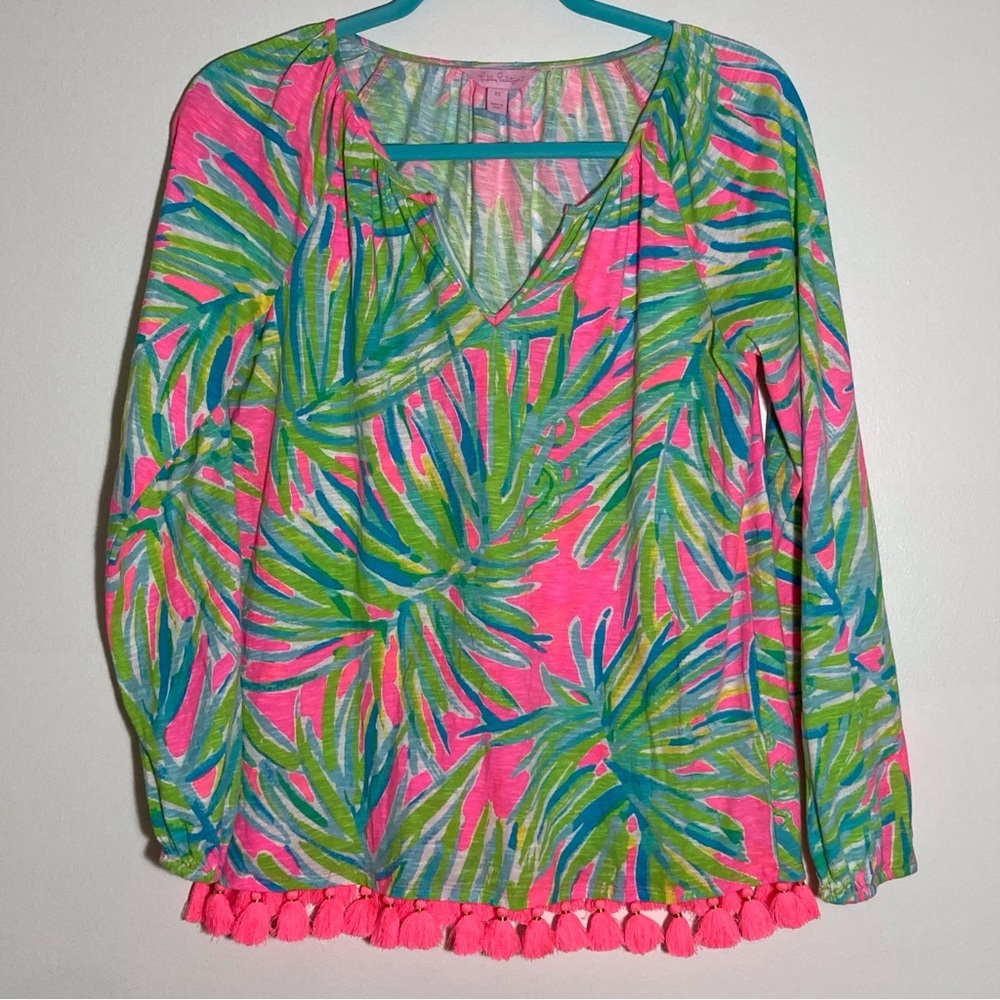Lilly Pulitzer‎ Linzy Tassel-Embellished Relaxed Blouse | Tiki Pink Royal Lime - Picture 2 of 12